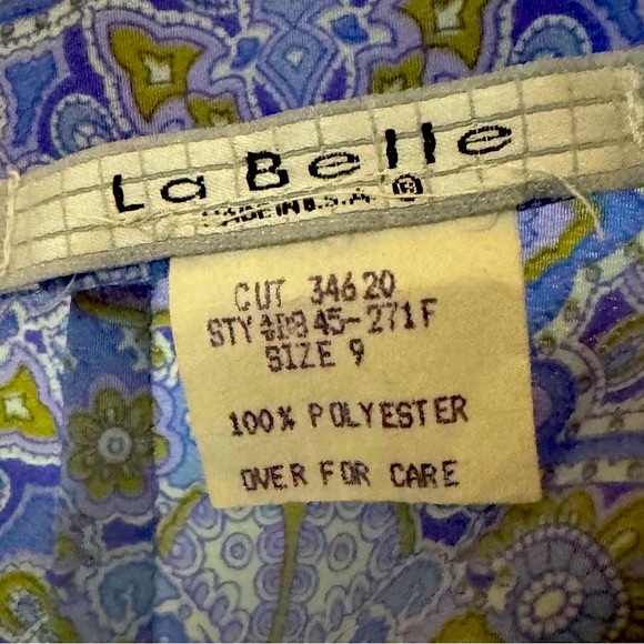 La Belle, Blue Cream and Green, Knee Length Halter Faux Wrap Dress Size 9 - Picture 6 of 7